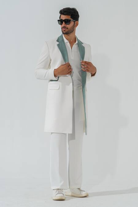 Shop_Niloufer By Aasif Ally_White Polyester Longline Coat With Grey Lapel _Online_at_Aza_Fashions