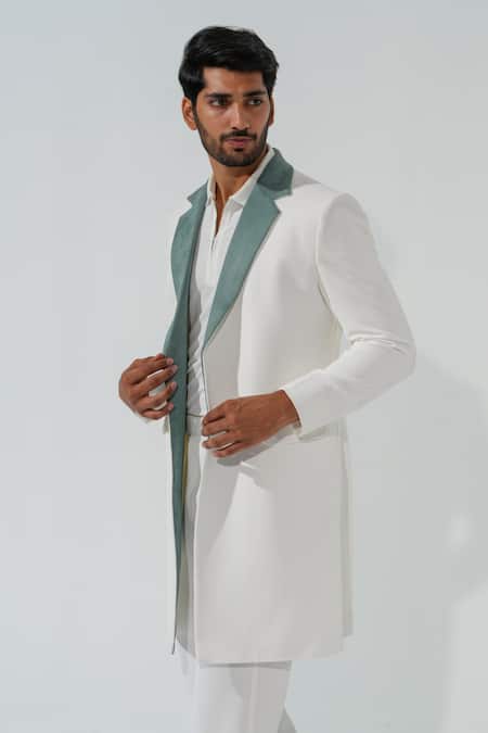 Niloufer By Aasif Ally_White Polyester Longline Coat With Grey Lapel _at_Aza_Fashions
