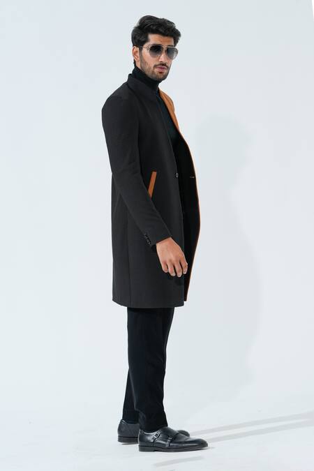 Niloufer By Aasif Ally_Black Cotton, Suede And Brown Longline Coat _Online_at_Aza_Fashions