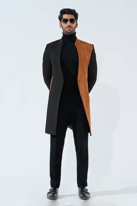 Buy_Niloufer By Aasif Ally_Black Cotton, Suede And Brown Longline Coat _Online_at_Aza_Fashions