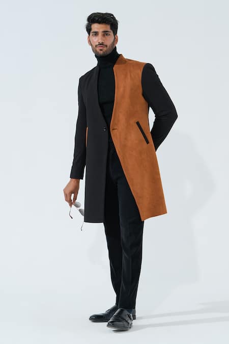 Shop_Niloufer By Aasif Ally_Black Cotton, Suede And Brown Longline Coat _Online_at_Aza_Fashions