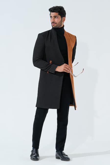 Niloufer By Aasif Ally_Black Cotton, Suede And Brown Longline Coat _at_Aza_Fashions