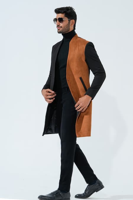 Buy_Niloufer By Aasif Ally_Black Cotton, Suede And Brown Longline Coat 