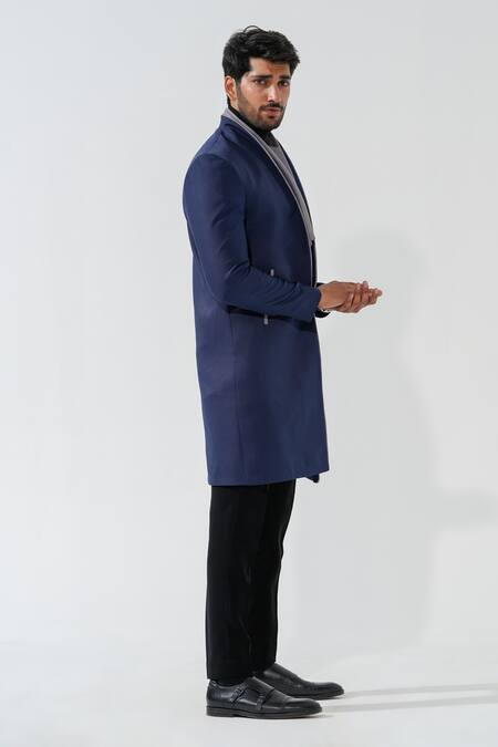 Niloufer By Aasif Ally_Navy Polyester Longline Designer Coat _Online_at_Aza_Fashions