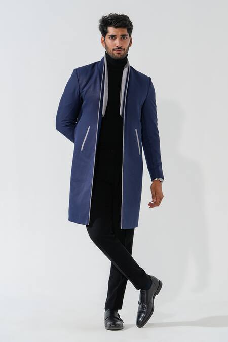 Buy_Niloufer By Aasif Ally_Navy Polyester Longline Designer Coat _Online_at_Aza_Fashions