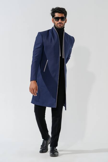 Shop_Niloufer By Aasif Ally_Navy Polyester Longline Designer Coat _Online_at_Aza_Fashions