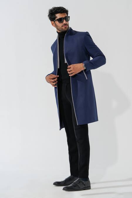 Niloufer By Aasif Ally_Navy Polyester Longline Designer Coat _at_Aza_Fashions