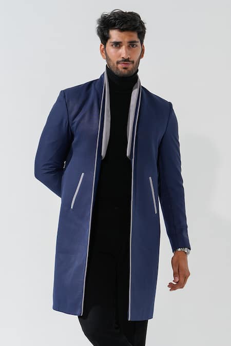 Niloufer By Aasif Ally Navy Polyester Longline Designer Coat 