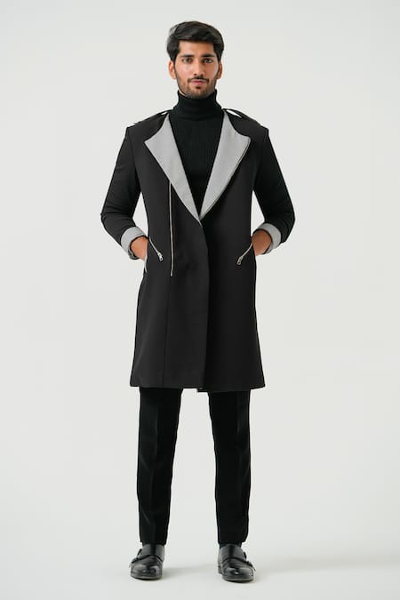 Shop_Niloufer By Aasif Ally_Black Longline Coat _Online_at_Aza_Fashions
