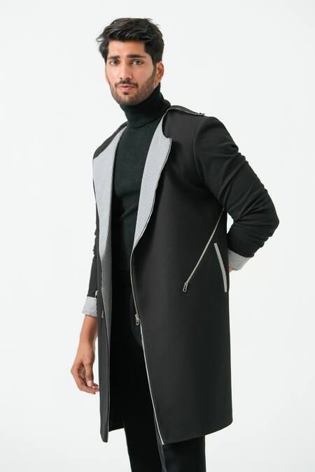 Niloufer By Aasif Ally_Black Longline Coat _at_Aza_Fashions