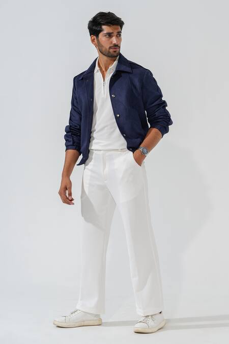 Niloufer By Aasif Ally_Blue Suede Navy Bomber Jacket_Online_at_Aza_Fashions