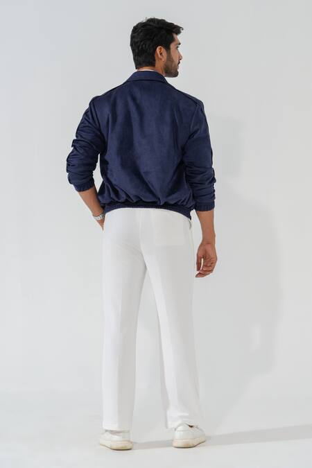 Shop Niloufer By Aasif Ally Blue Suede Navy Bomber Jacket at Aza Fashions Shop_Niloufer By Aasif Ally_Blue Suede Navy Bomber Jacket_at_Aza_Fashions