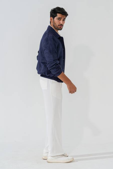 Buy_Niloufer By Aasif Ally_Blue Suede Navy Bomber Jacket_Online_at_Aza_Fashions