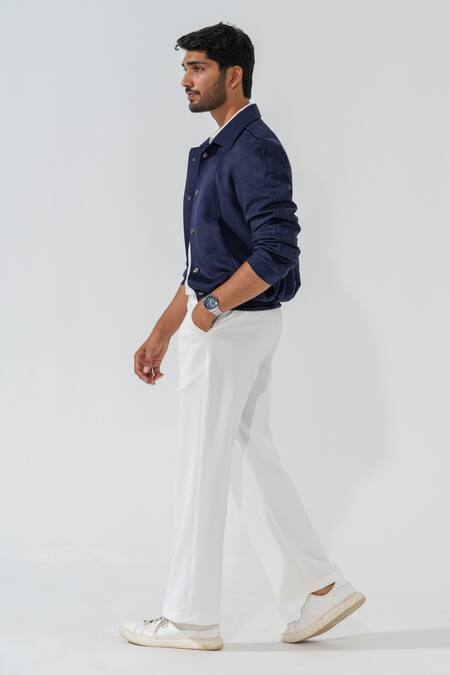 Shop_Niloufer By Aasif Ally_Blue Suede Navy Bomber Jacket_Online_at_Aza_Fashions