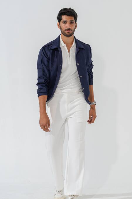 Niloufer By Aasif Ally_Blue Suede Navy Bomber Jacket_at_Aza_Fashions