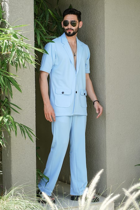 Niloufer By Aasif Ally Blue Double Button Shirt & Pant Set 