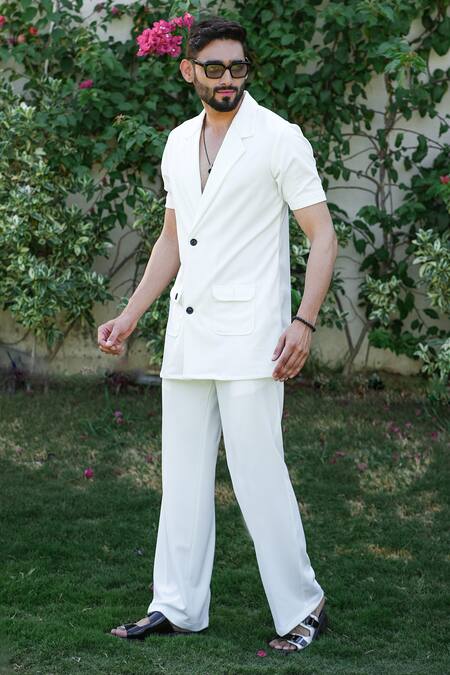 Shop_Niloufer By Aasif Ally_White Polyester Designer Solid Shirt And Pant Set _Online_at_Aza_Fashions