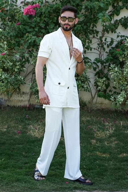 Niloufer By Aasif Ally_White Polyester Designer Solid Shirt And Pant Set _at_Aza_Fashions