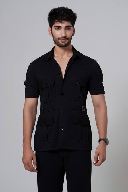 Niloufer By Aasif Ally_Black Pocketed Shirt And Pant Set _at_Aza_Fashions