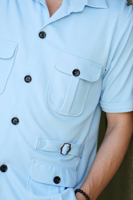 Shop_Niloufer By Aasif Ally_Blue Cotton Solid Pocketed Shirt And Pant Set _Online_at_Aza_Fashions