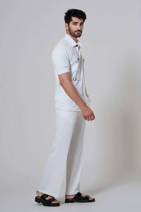 Niloufer By Aasif Ally_White Cotton Solid Pocketed Shirt And Pant Set _Online_at_Aza_Fashions