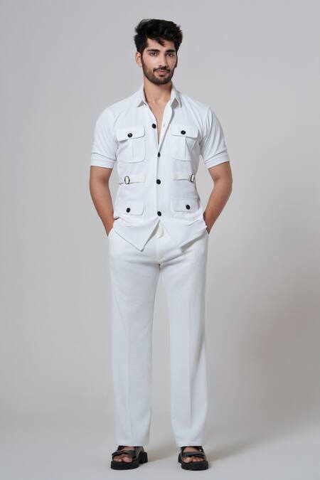 Shop_Niloufer By Aasif Ally_White Cotton Solid Pocketed Shirt And Pant Set _Online_at_Aza_Fashions