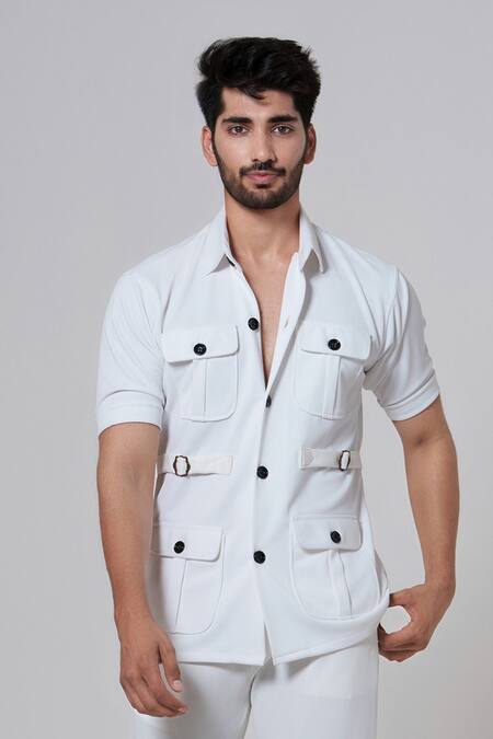 Niloufer By Aasif Ally_White Cotton Solid Pocketed Shirt And Pant Set _at_Aza_Fashions