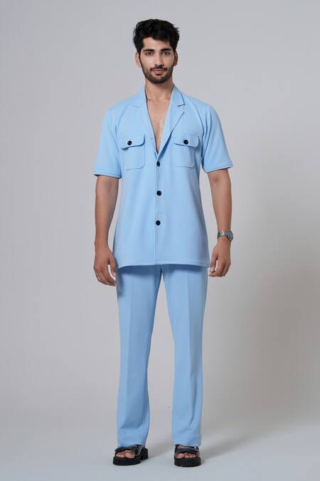 Niloufer By Aasif Ally_Blue Cotton Flap Pocket Textured Jacket And Pant Set _Online_at_Aza_Fashions