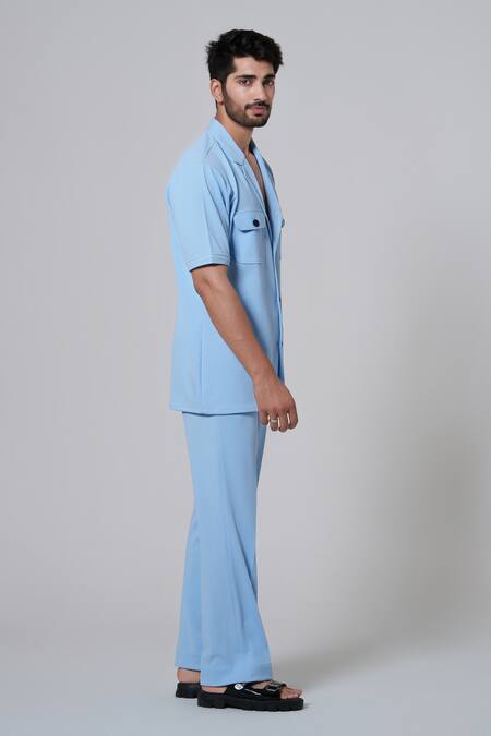 Buy_Niloufer By Aasif Ally_Blue Cotton Flap Pocket Textured Jacket And Pant Set _Online_at_Aza_Fashions