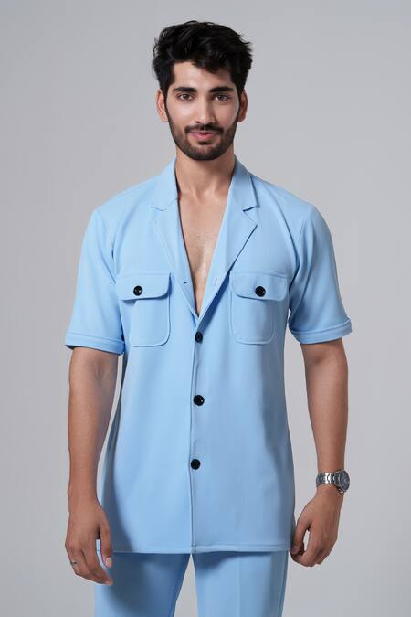 Niloufer By Aasif Ally_Blue Cotton Flap Pocket Textured Jacket And Pant Set _at_Aza_Fashions