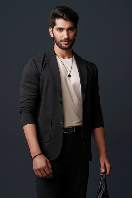 Niloufer By Aasif Ally_Black Cotton Textured Jacket And Pant Set _Online_at_Aza_Fashions