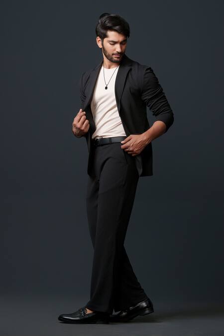 Niloufer By Aasif Ally_Black Cotton Textured Jacket And Pant Set _at_Aza_Fashions