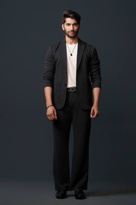Buy_Niloufer By Aasif Ally_Black Cotton Textured Jacket And Pant Set 