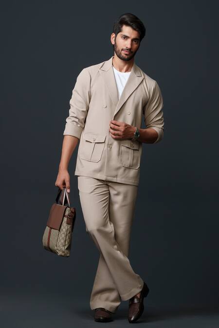 Niloufer By Aasif Ally_Beige Cotton Solid Double Breasted Blazer And Pant Set _Online_at_Aza_Fashions