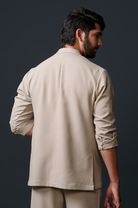 Niloufer By Aasif Ally_Beige Cotton Solid Double Breasted Blazer And Pant Set _at_Aza_Fashions