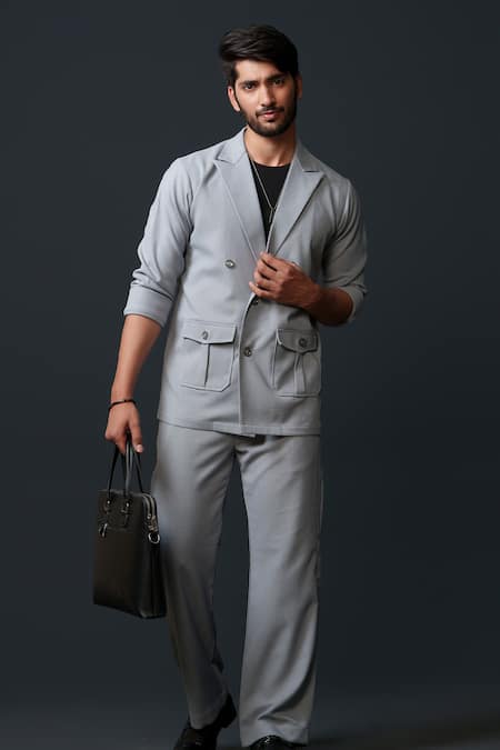 Niloufer By Aasif Ally_Gray Cotton, Twill Textured Double Breasted Blazer And Pant Set _Online_at_Aza_Fashions