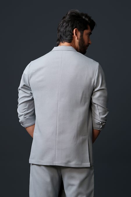 Buy_Niloufer By Aasif Ally_Gray Cotton, Twill Textured Double Breasted Blazer And Pant Set _Online_at_Aza_Fashions