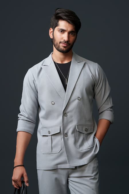 Shop_Niloufer By Aasif Ally_Gray Cotton, Twill Textured Double Breasted Blazer And Pant Set _Online_at_Aza_Fashions