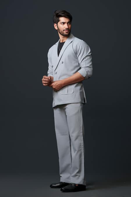 Niloufer By Aasif Ally_Gray Cotton, Twill Textured Double Breasted Blazer And Pant Set _at_Aza_Fashions