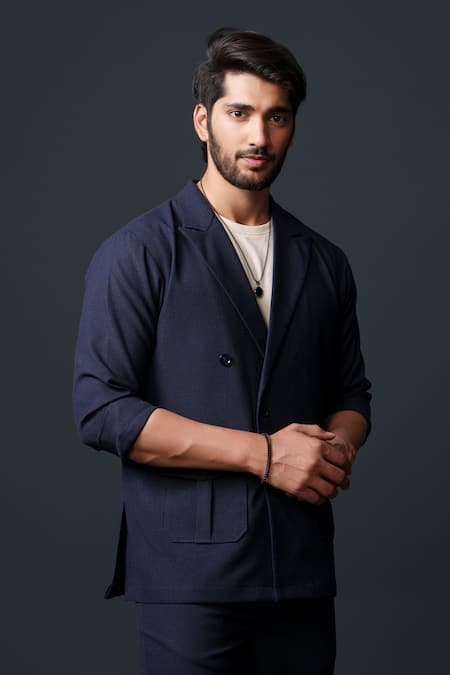 Niloufer By Aasif Ally_Blue Cotton, Twill Double Breasted Textured Blazer And Pant Set _Online_at_Aza_Fashions