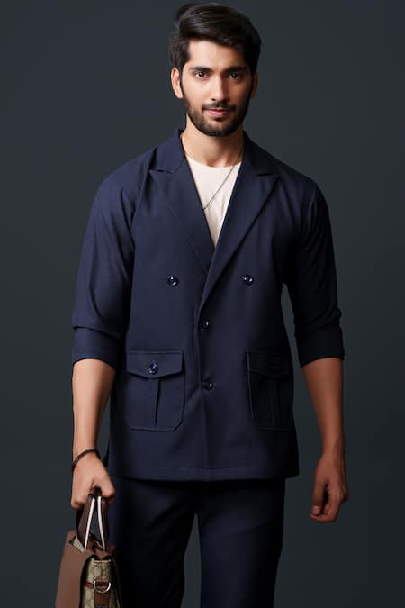 Buy_Niloufer By Aasif Ally_Blue Cotton, Twill Double Breasted Textured Blazer And Pant Set _Online_at_Aza_Fashions