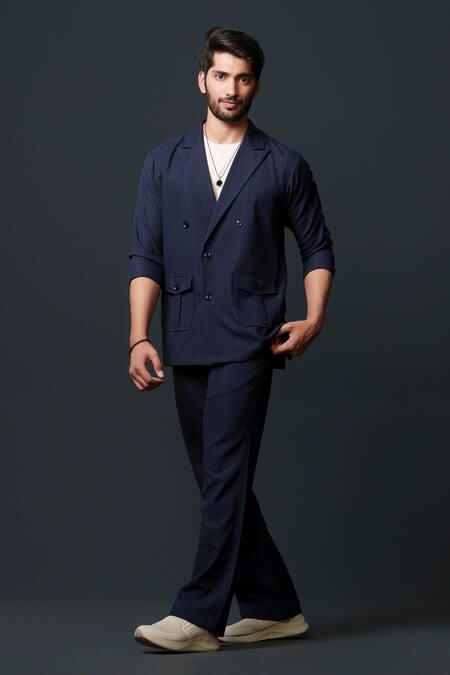 Shop_Niloufer By Aasif Ally_Blue Cotton, Twill Double Breasted Textured Blazer And Pant Set _Online_at_Aza_Fashions