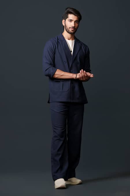 Niloufer By Aasif Ally_Blue Cotton, Twill Double Breasted Textured Blazer And Pant Set _at_Aza_Fashions