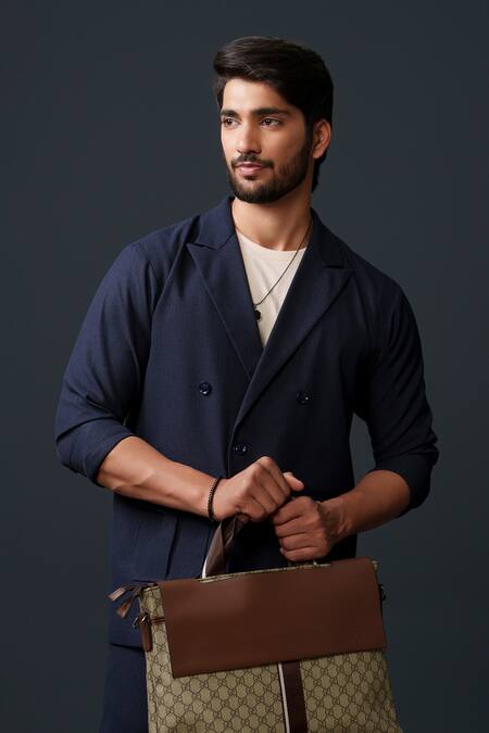 Buy_Niloufer By Aasif Ally_Blue Cotton, Twill Double Breasted Textured Blazer And Pant Set 