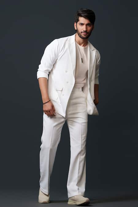 Niloufer By Aasif Ally_White Cotton, Twill Double Breasted Solid Blazer And Pant Set _Online_at_Aza_Fashions
