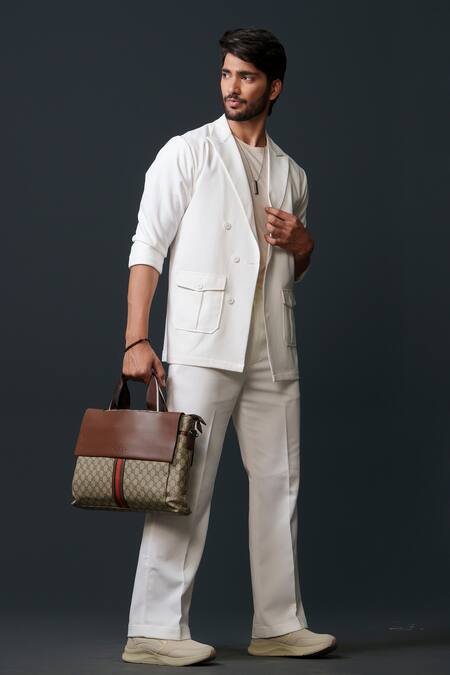 Buy_Niloufer By Aasif Ally_White Cotton, Twill Double Breasted Solid Blazer And Pant Set _Online_at_Aza_Fashions