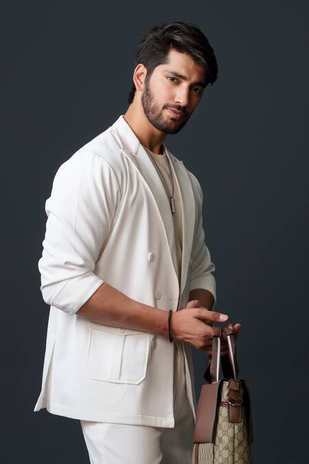 Shop_Niloufer By Aasif Ally_White Cotton, Twill Double Breasted Solid Blazer And Pant Set _Online_at_Aza_Fashions