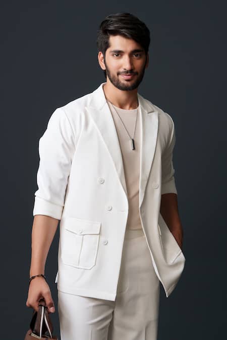 Niloufer By Aasif Ally_White Cotton, Twill Double Breasted Solid Blazer And Pant Set _at_Aza_Fashions