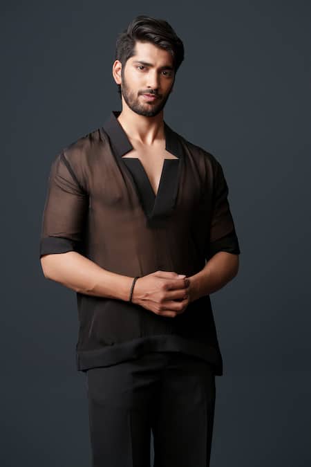 Niloufer By Aasif Ally_Black Tissue, Crepe, Cotton Sheer Top And Pant Set _Online_at_Aza_Fashions