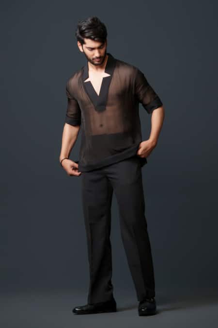 Shop_Niloufer By Aasif Ally_Black Tissue, Crepe, Cotton Sheer Top And Pant Set _Online_at_Aza_Fashions